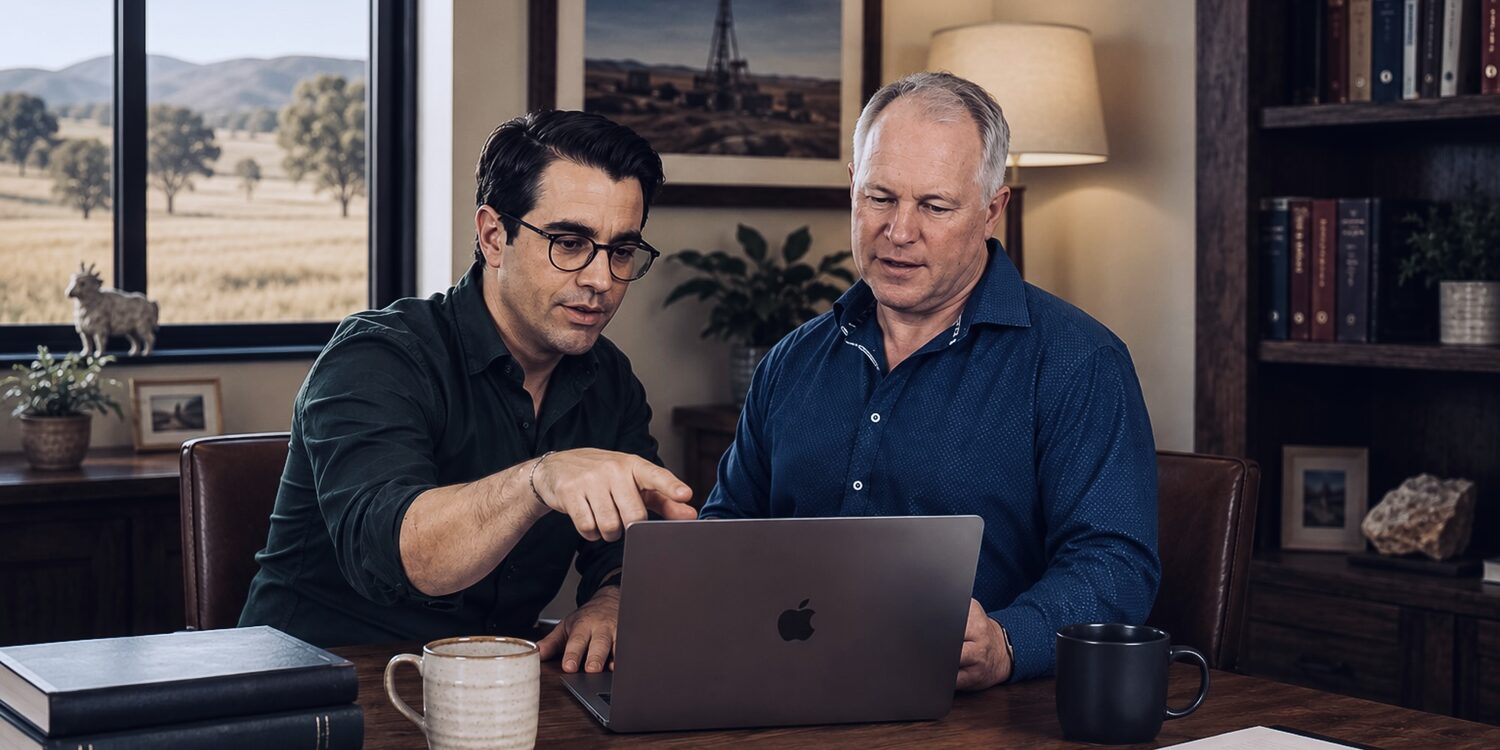 Nick van der Hoven and Craig Morris working through a matter together at a desk.